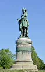Colossal statue of Vercingetorix (72-46 BC), Gallic leader. Sculpture by Aimé Millet (1819-1891), 6.60 m tall, erected in 1865 on the western part of Mont Auxois (7 m high base by Viollet-le-Duc). Alise-Sainte-Reine, 1865