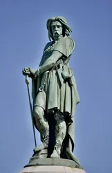 Colossal statue of Vercingetorix (72-46 BC), Gallic leader - Sculpture by Aimé Millet (1819-1891), 6.60 m tall, erected in 1865 on the western part of Mont Auxois (7 m high base by Viollet-le-Duc), Alise-Sainte-Reine, 1865