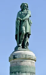 Colossal statue of Vercingetorix (72-46 BC), Gallic leader. Sculpture by Aimé Millet (1819-1891), 6.60 m tall, erected in 1865 on the western part of Mont Auxois (7 m high base by Viollet-le-Duc). Alise-Sainte-Reine, 1865.