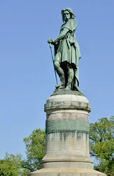 Colossal statue of Vercingetorix (72-46 BC), Gallic leader. Sculpture by Aimé Millet (1819-1891), 6.60 m tall, erected in 1865 on the western part of Mont Auxois (7 m high base by Viollet-le-Duc). Alise-Sainte-Reine, 1865.