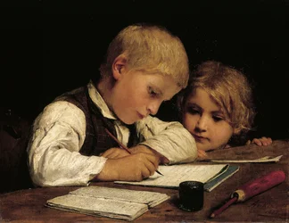Boy writing with his sister