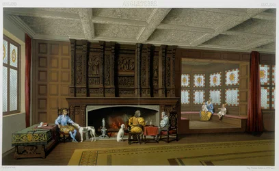 English Lord and His Family in His 17th Century Home. Chromolithographic Plate - in 