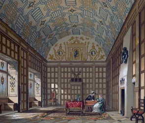 Interior of 16th century English dwelling, Lithograph by Gaulard from Le Costume historique (The Complete Costume History)