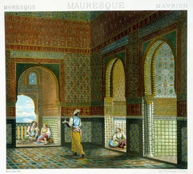 Interior of a Moorish house (Alhambra, room of the Blessing). Chromolithographic plate in 