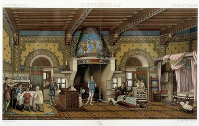 Interior of a stately mansion in the Middle Ages - in The historical costume by Racinet