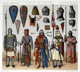 Military costumes and helmets in France from the 13th to 15th centuries. Illustration in 