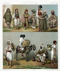 Popular Costumes from Algeria and Tunisia. Illustration in “Le Costume Historique” by Racinet