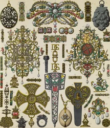 Seventeenth-century jewelry, lithography published in Le costume historique, Volume V