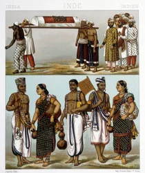 Traditional costumes of Muslims (Top) and Hindus (Bottom) living in India. Illustration in 