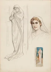 Aino Ackté as Alcestis, Sketch of the Face and Two Full Body Sketches