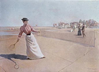 Amateur tennis match on the beach - drawing, 20th century