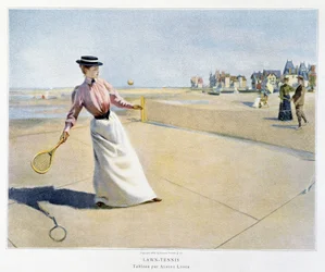 Part of a game of lawn tennis on a beach (Normandy?), illustrated by Albert Lynch
