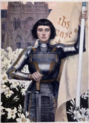 Portrait of Joan of Arc with flag and lilies on the background of Notre Dame Cathedral