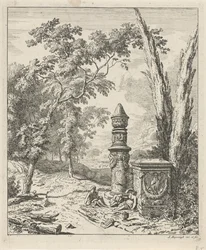 Landscape with Resting Figures by a Tomb Monument