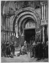 Frederic Barberose at the feet of the Pope. Emperor Frederic I of Hohenstaufen prostrates to Pope Alexander III who awaits him under the gate of St. Mark in Venice in 1177. Engraving after a painting by Albert Maignan