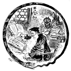 Alchemist consulting his grimoires (magical - cabalistic formulas) under the eyes of an owl and a demon - the frame of the image is formed by a snake biting its tail - initial forming the letter O - illustration by Albert Robida (1848-1926) for a chapter H