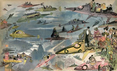 Anticipation: the release of the Paris Opera in 2000, seen by the designer Albert Robida in 1900. Parisians circulate through all kinds of air vehicles.