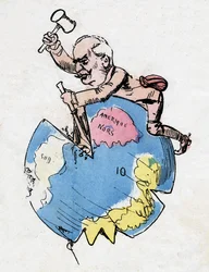 Ferdinand de Lesseps (1805-1894), French diplomat and administrator, sculptor and decorator of continents. Caricature by Robida