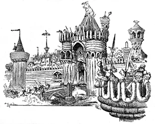 La Cite des Angouiles. The city walls are made of pieces of cold cuts, a huge pig is perched on the roof of a tower of the entrance gate. Illustration by Albert Robida for an episode of the Fourth Book by Francois Rabelais - La Vie de Gargantua et de Panta