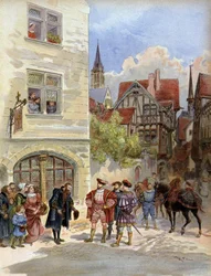 Literature. The Printer Robert Estienne Receives King Francis I in His Printing House, Paris. Illustration by A. Robida in: Francis I, by A. Toudouze, France