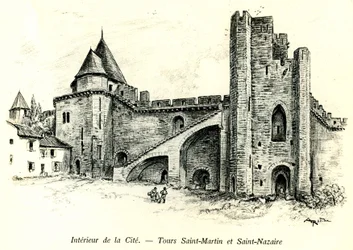 Medieval Cite de Carcassonne - Tours Saint Martin and Saint Nazaire with houses built against the ramparts - romantic engraving by Albert Robida in a book published at the beginning of the 20th century