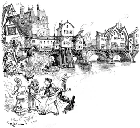 Paris: the Seine, bridge with houses, inhabitants, Parisians, scenes of Parisian life in the Middle Ages - architecture - urban habitat - river