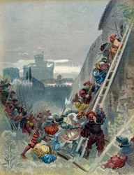 Seventh Italian War: Death of Charles III of Bourbon at the siege of Rome on 6 May 1527. Illustration
