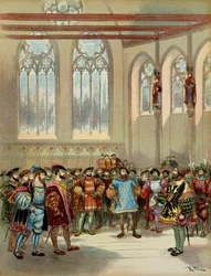 The Burgundy heraut, sent by Charles V, was received by Francois I in the grand hall of the Parliamentarom in Paris, first half of the 16th century. Illustration