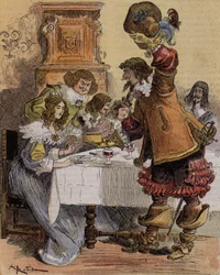 The shyness of Captain Bellormeau - “Here is an excellent dessert, says Captain Hurtebise”. Character from Albert Robida