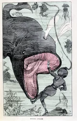 Woman in a diving suit getting swallowed by a whale, parody of Jules Verne, 