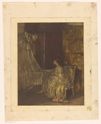 Woman Sitting on a Chair Next to a Cradle