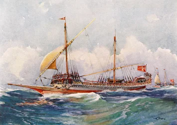 Galley of Malta with wind in its sails, watercolour by Albert Sebille