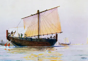 Phoenician merchant ship arriving in Pharos, watercolor by Albert Sebille, 20th century