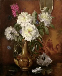 White Peonies in a Glazed Victorian Vase