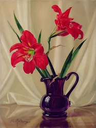Amaryllis Lilies, in a Dark Glass Jug