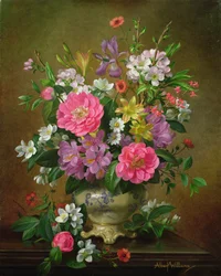 Blossom, Iris and Peonies in a Ceramic Vase