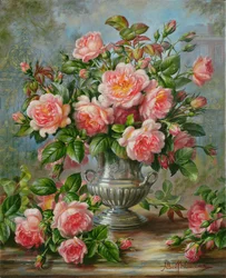 English Elegance Roses in a Silver Vase