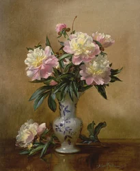 Peonies in a Blue and White Vase