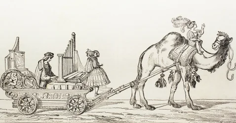 The Organist Paul Hoffaner Playing In A Carriage Drawn By A Camel (engraving)