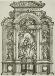 Altarpiece with the Beautiful Virgin of Regensburg and Saints Christopher, Mary Magdalen, Florian and Catherine Standing in Niches, with God the Father Above