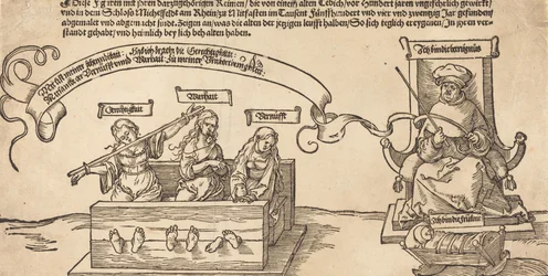 Justice, Truth and Reason in the Stocks with the Seated Judge and Sleeping Piety, probably 1526