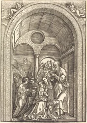The Holy Family with Two Angels in a Vaulted Hall