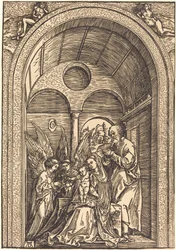 The Holy Family with Two Angels in a Vaulted Hall