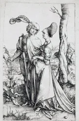 A couple walking, watched by Death hidden behind a tree, holding an hourglass. Engraving by Albrecht Durer (1496-1498). Berlin, engraving cabinet