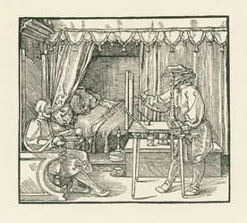 An artist drawing a seated man on to a plane of glass through a sight vane
