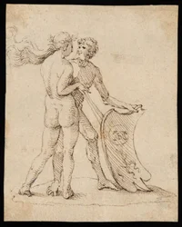 Naked woman and man with the shield featuring the coat of arms of Willibald Pirckheimer