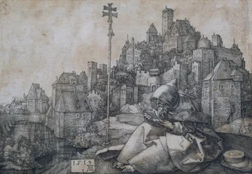 Saint Anthony Sitting in Front of a City