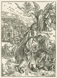The Angel with the Key hurling the Dragon into the Abyss and another Angel showing Saint John the New Jerusalem
