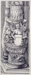 The Triumphal Arch of Emperor Maximilian I of Germany: detail of central Gates of Honour and Power, left-hand column base embellished with bands of foliage and winged female griffins