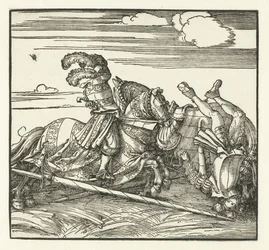 Two Riders Fighting on Horseback